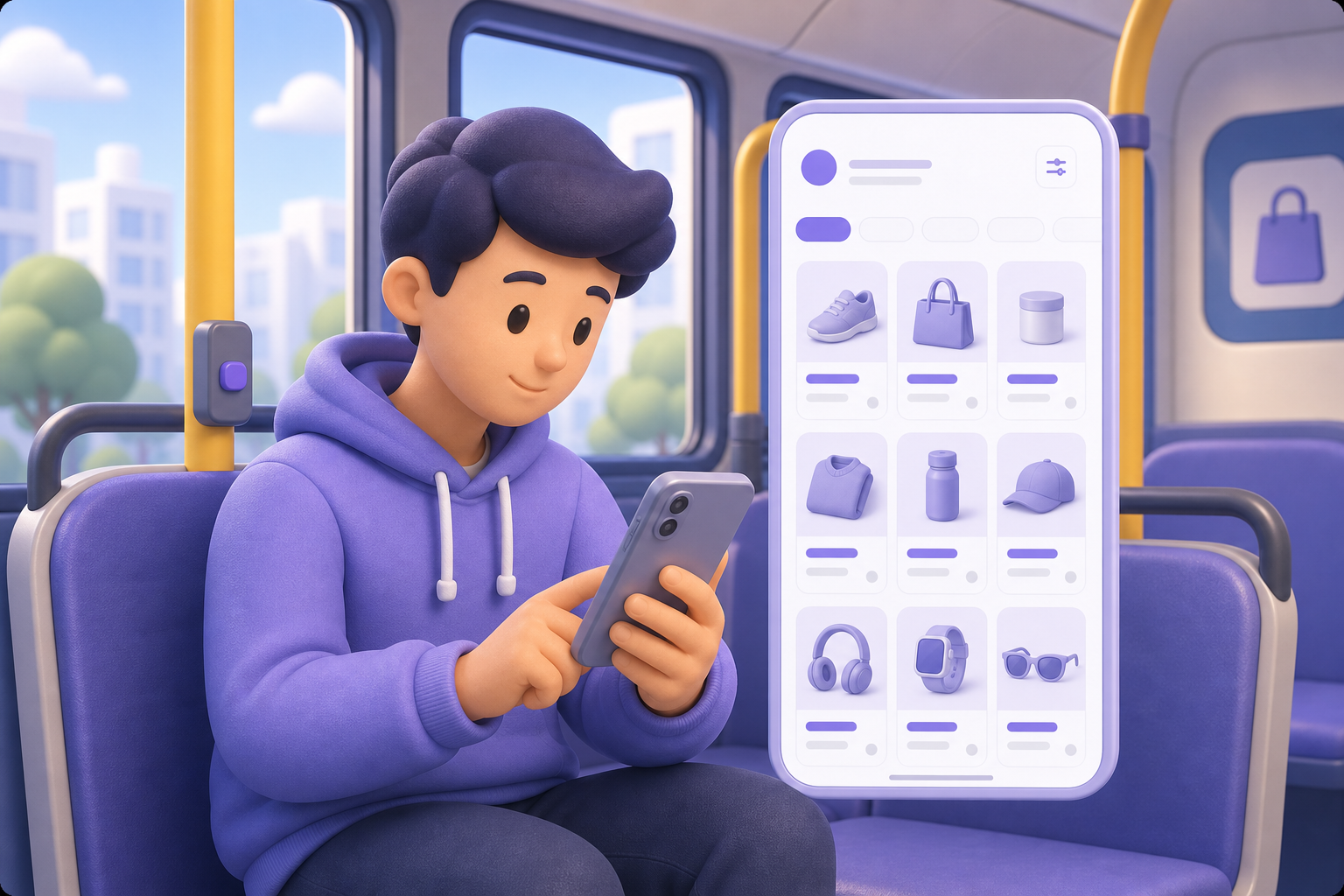 Synthetic user reviewing an ecommerce product selection flow on a phone while riding a bus